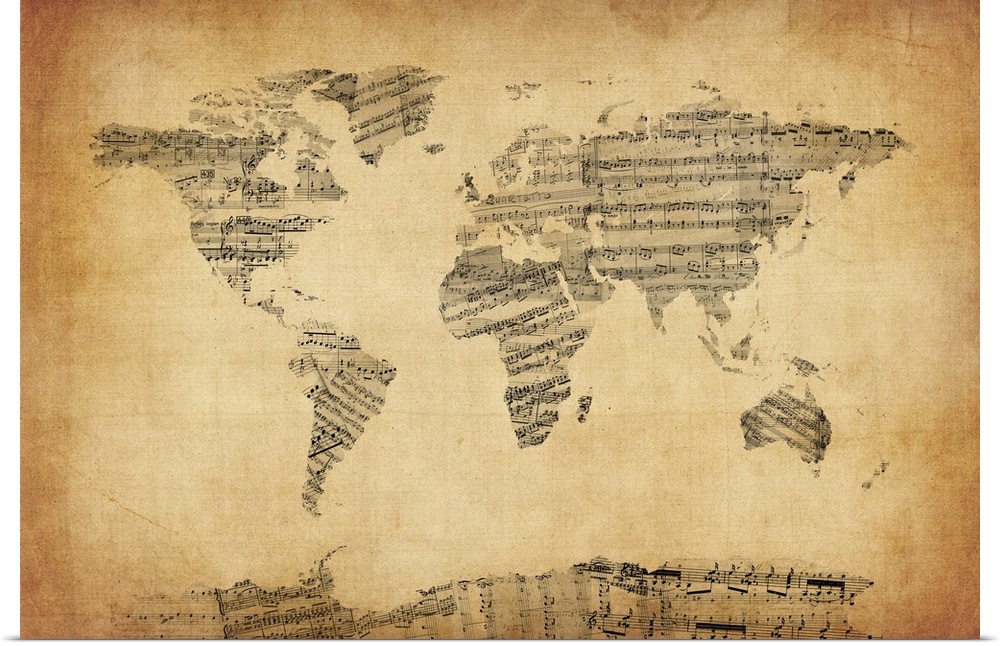 Contemporary artwork of a world map made from musical notation against a distressed background.