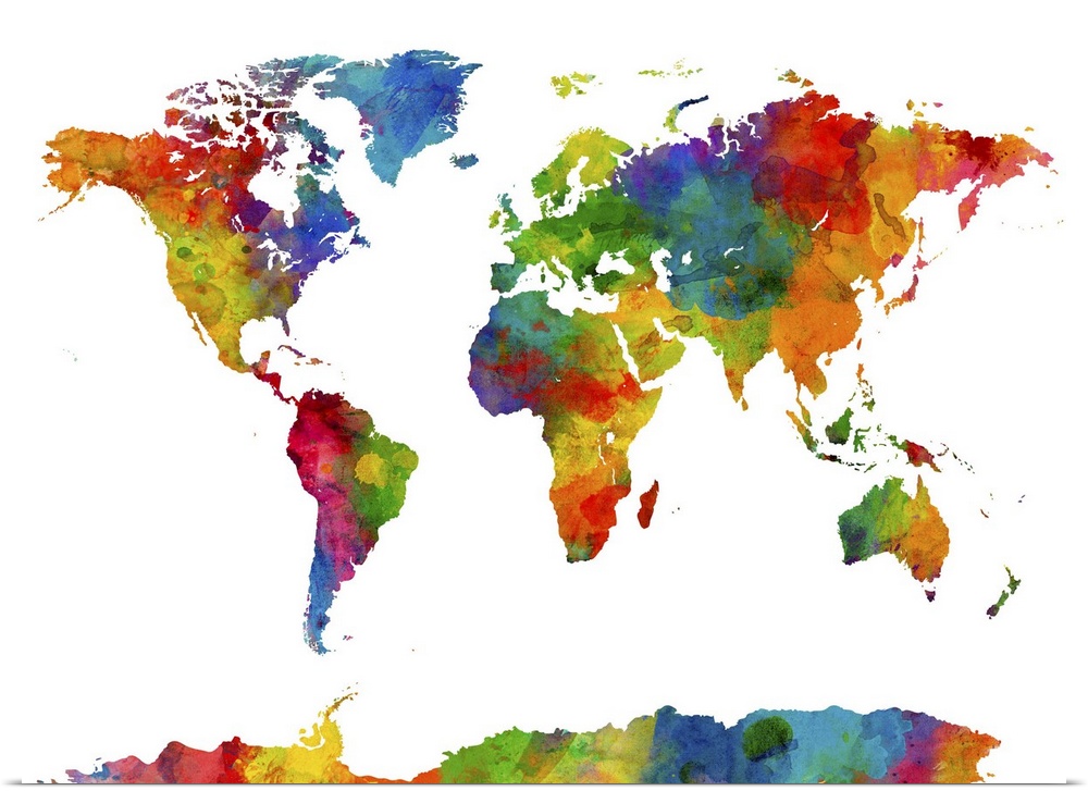 A watercolor art map of the world against a white background.
