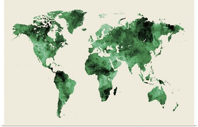 Map of the World, Watercolor, Green on Beige