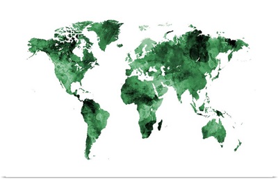 Map of the World, Watercolor, Green on White