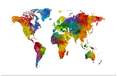 Map of the World, Watercolor, Multicolor on White