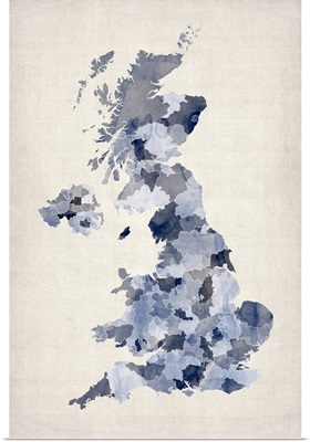 Map of United Kingdom in watercolor, blue