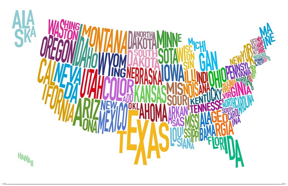 Artwork of the United States that has the name of each state written out as it's shape.