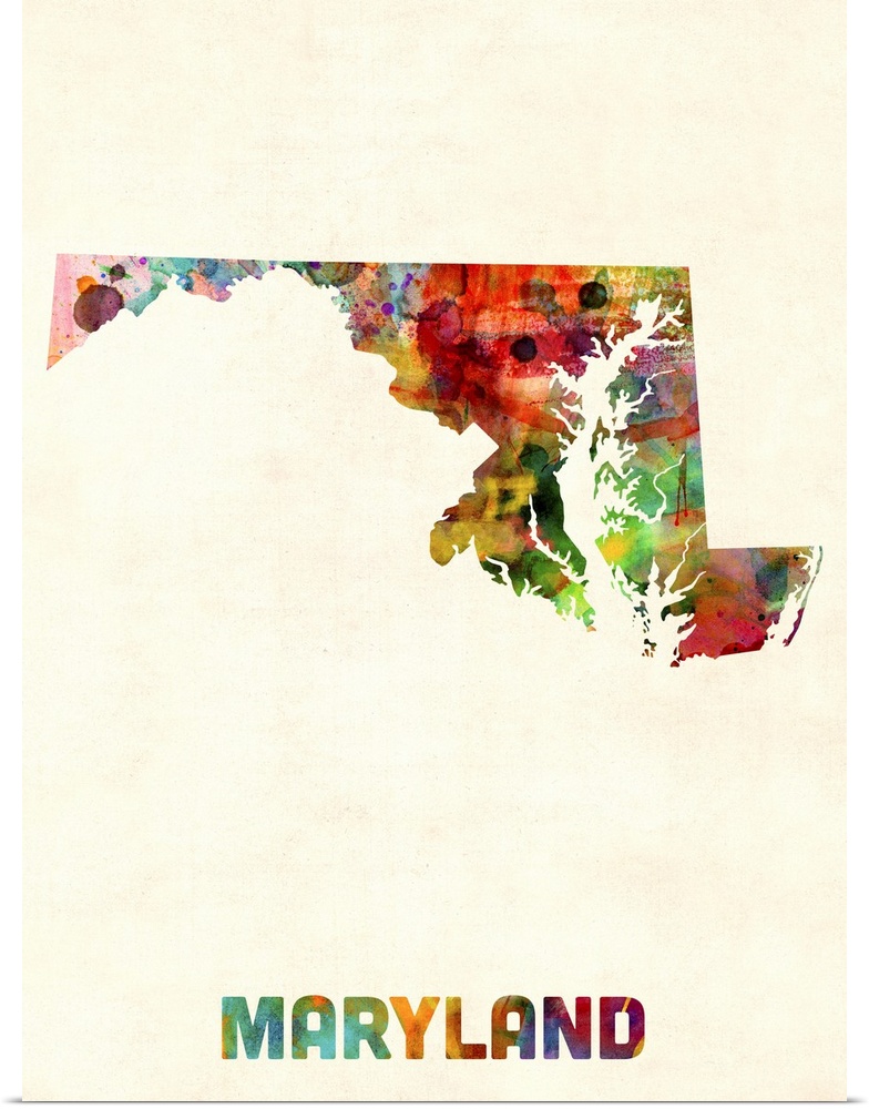 Contemporary piece of artwork of a map of Maryland made up of watercolor splashes.