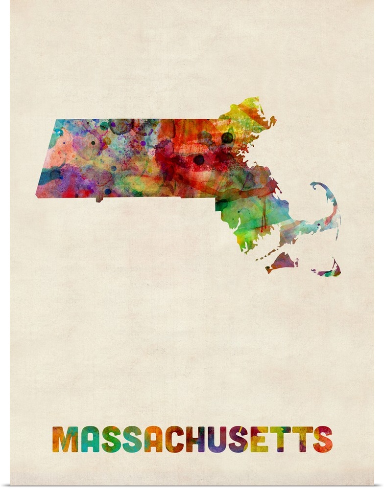 Contemporary piece of artwork of a map of Massachusetts made up of watercolor splashes.