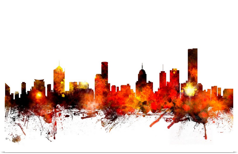 Contemporary piece of artwork of the Melbourne skyline made of colorful paint splashes.