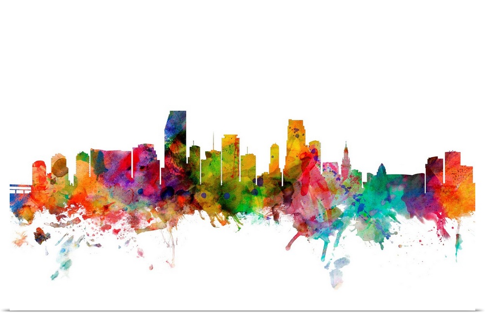 Watercolor artwork of the Miami skyline against a white background.