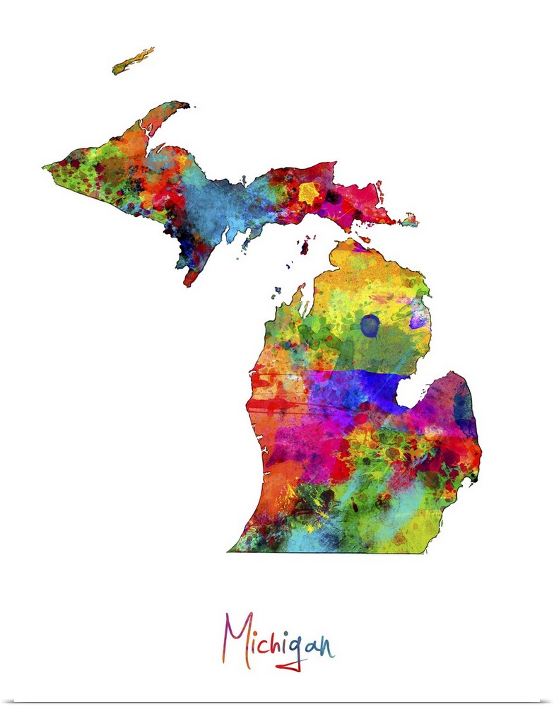 Contemporary artwork of a map of Michigan made of colorful paint splashes.
