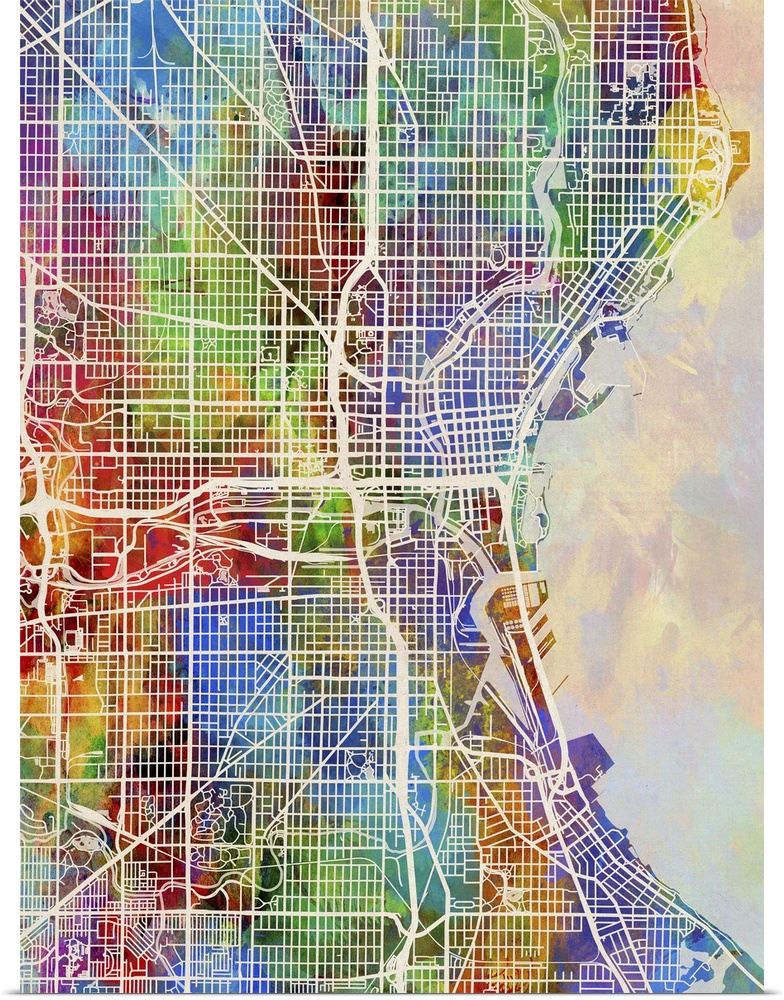 Watercolor street map of Milwaukee, Wisconsin, United States