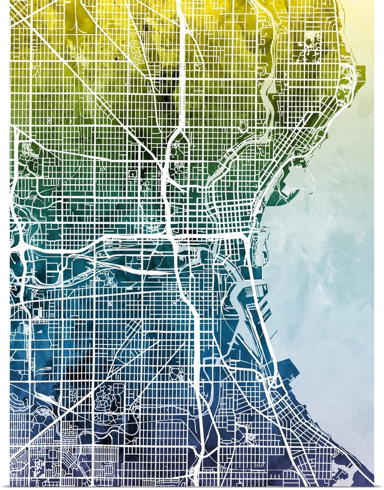 Watercolor street map of Milwaukee, Wisconsin, United States