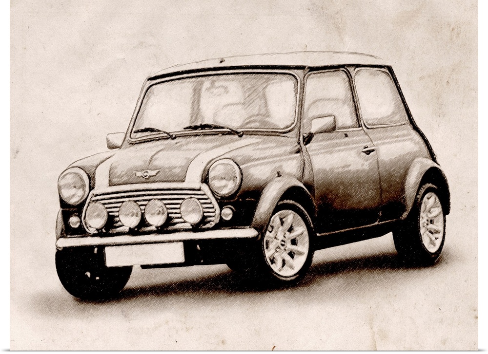Large horizontal artwork of a classic Austin Mini Cooper on a paper background.
