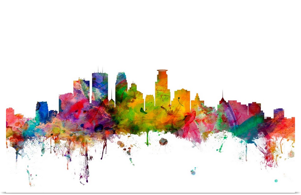 Watercolor artwork of the Minneapolis skyline against a white background.