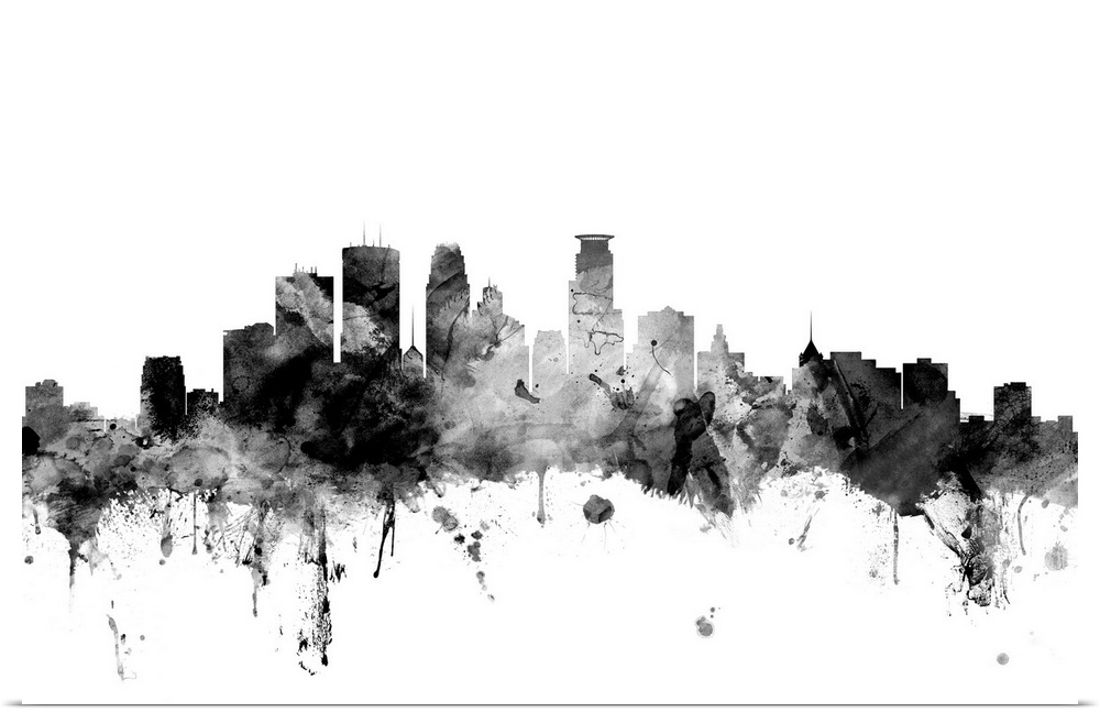 Contemporary artwork of the Minneapolis city skyline in black watercolor paint splashes.