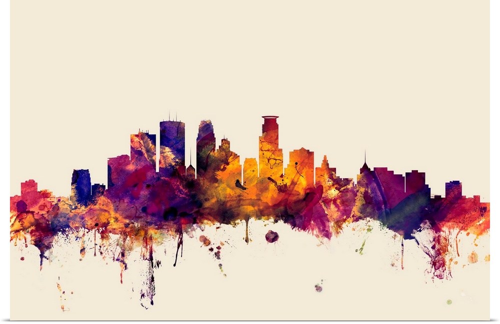 Dark watercolor splattered silhouette of the Minneapolis city skyline.