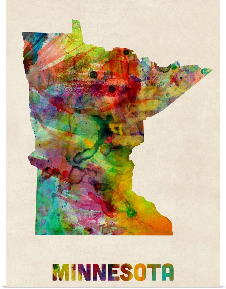 Contemporary piece of artwork of a map of Minnesota made up of watercolor splashes.