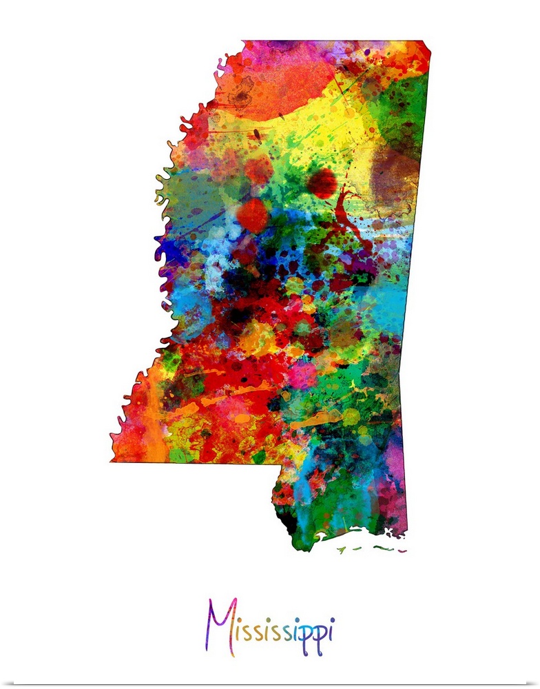 Contemporary artwork of a map of Missouri made of colorful paint splashes.