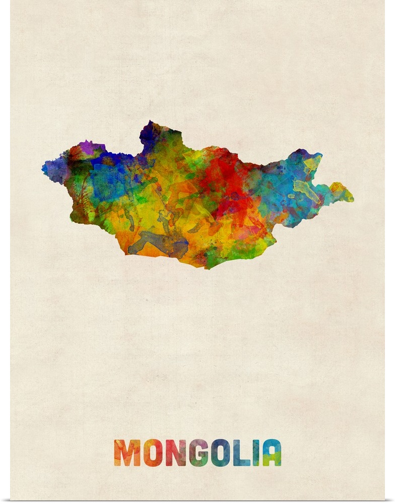 A watercolor map of Mongolia