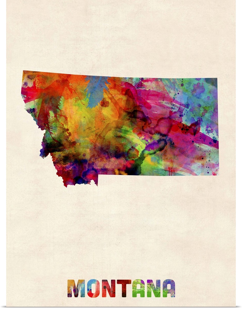 Contemporary piece of artwork of a map of Montana made up of watercolor splashes.