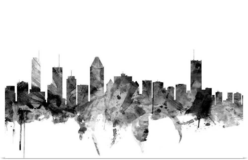 Contemporary artwork of the Montreal city skyline in black watercolor paint splashes.