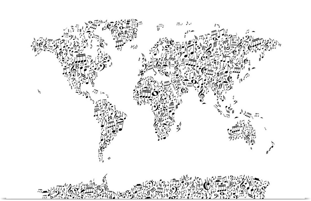 A map of the world made from a music notation - notes, crochets, clefs, time signatures and many more.