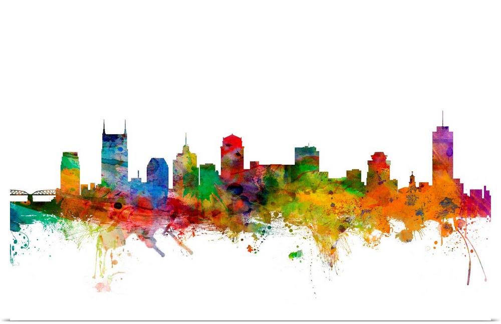 Watercolor artwork of the Nashville skyline against a white background.