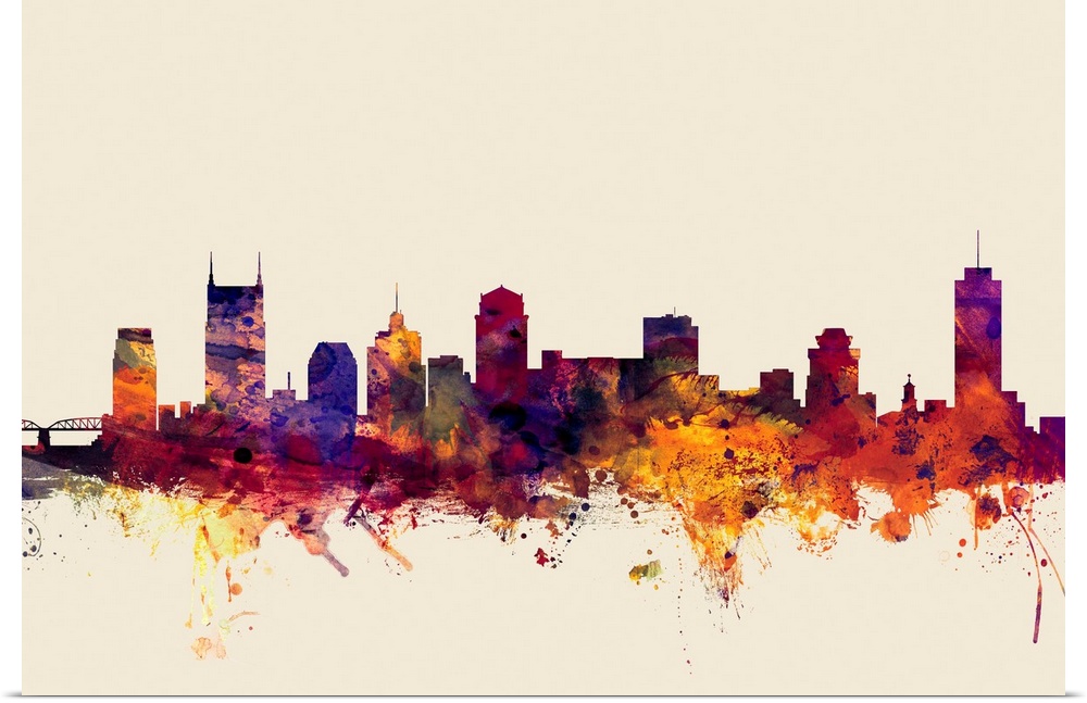 Dark watercolor splattered silhouette of the Nashville city skyline.