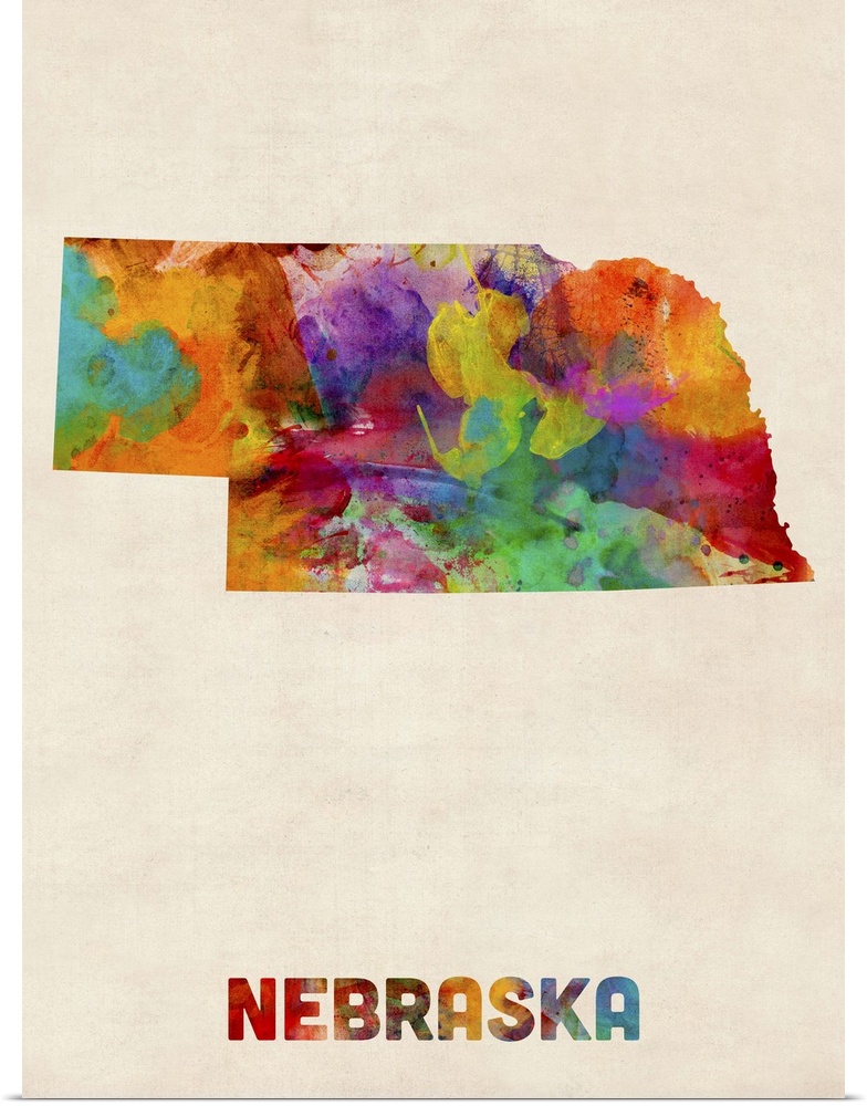 Contemporary piece of artwork of a map of Nebraska made up of watercolor splashes.