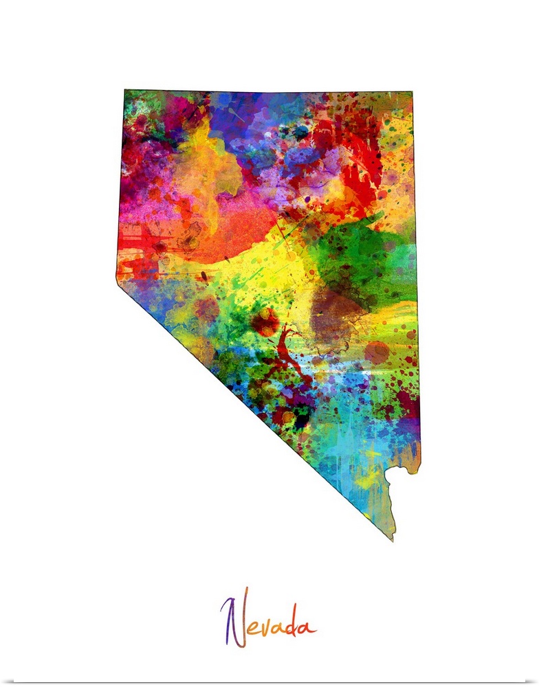 Contemporary artwork of a map of Nevada made of colorful paint splashes.