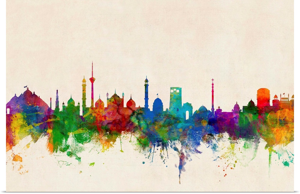 A splattered and splashed watercolor silhouette of the New Delhi city skyline against a distressed background.