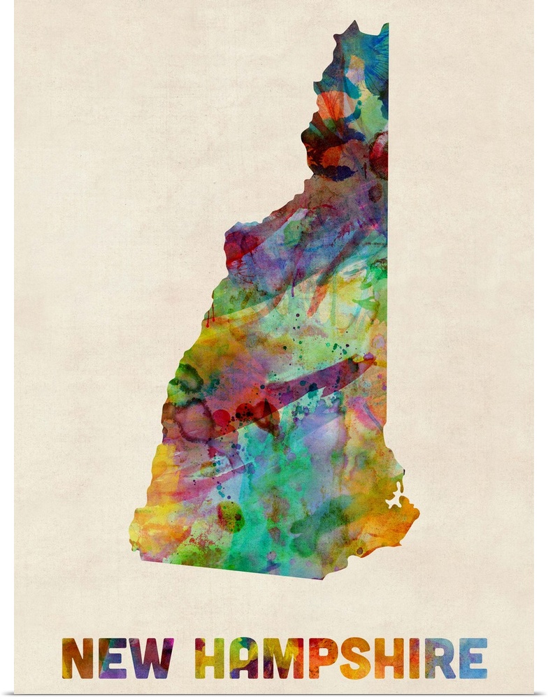 Contemporary piece of artwork of a map of New Hampshire made up of watercolor splashes.