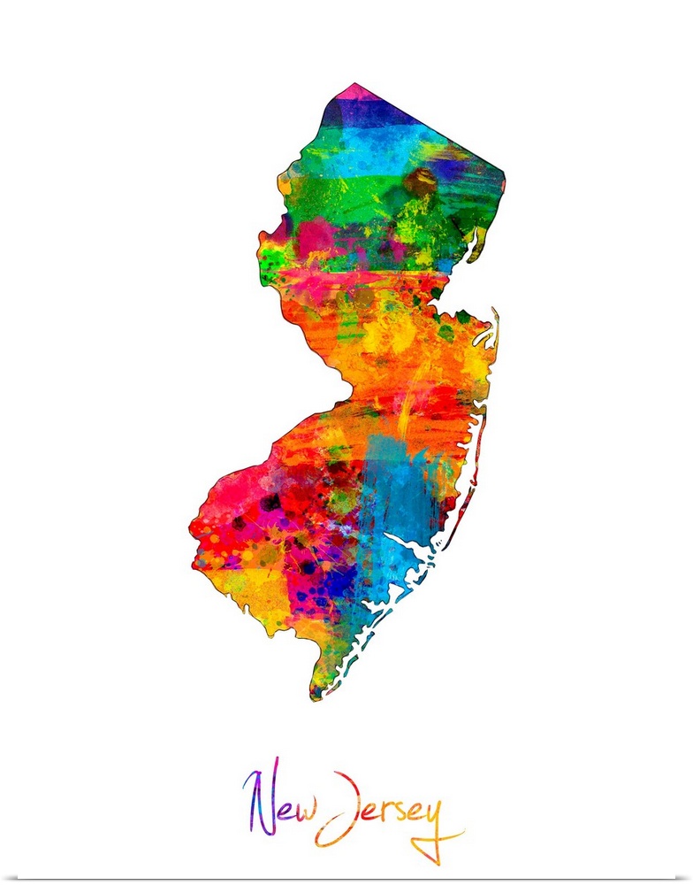 Contemporary artwork of a map of New Jersey made of colorful paint splashes.