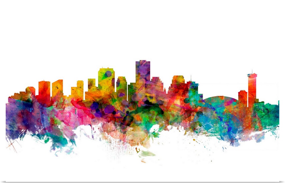 Watercolor artwork of the New Orleans skyline against a white background.