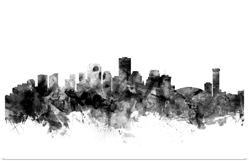 Smokey dark watercolor silhouette of the New Orleans city skyline.