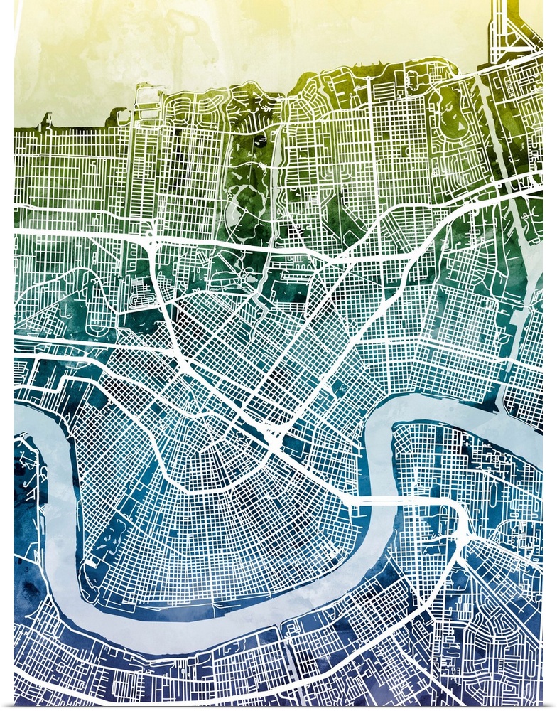 Contemporary watercolor city street map of New Orleans.
