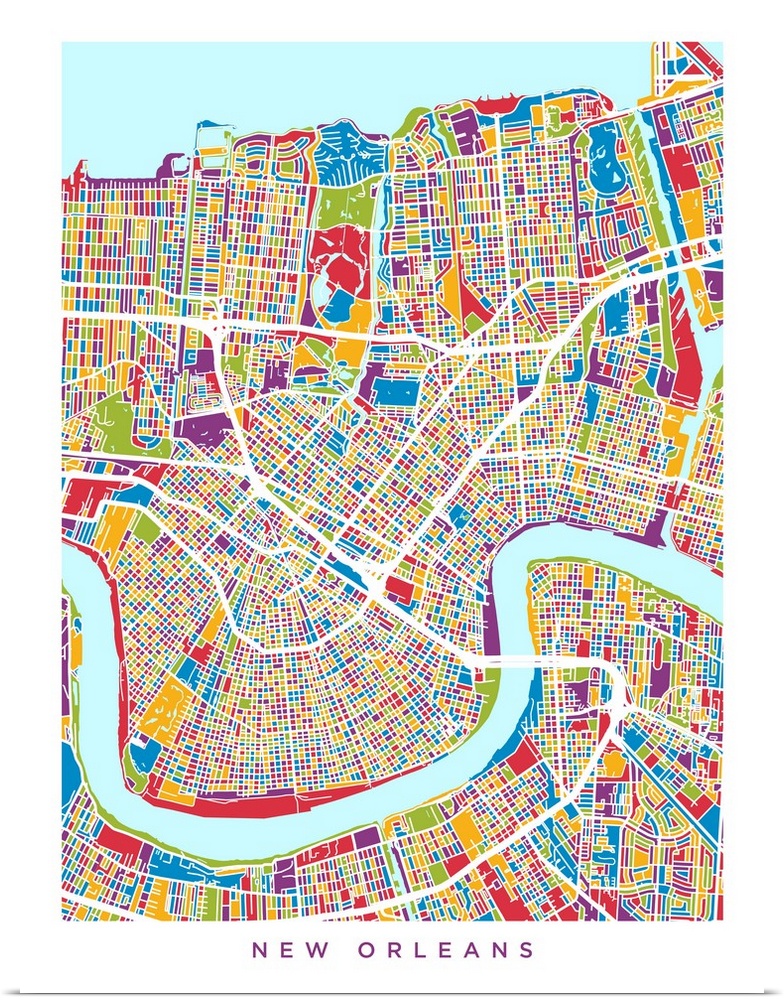 Colorful city street map artwork of New Orleans.