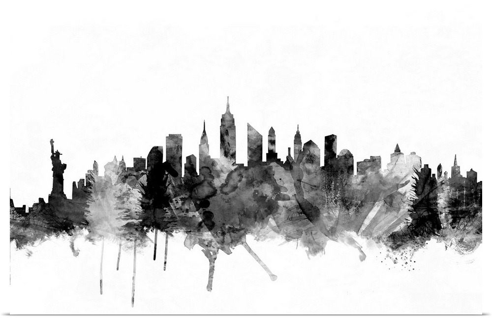 Contemporary artwork of the New York city skyline in black watercolor paint splashes.
