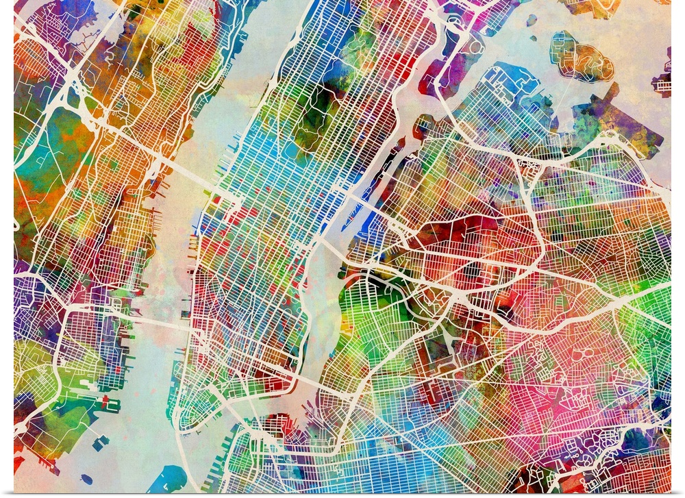 Watercolor art map of New York city streets.