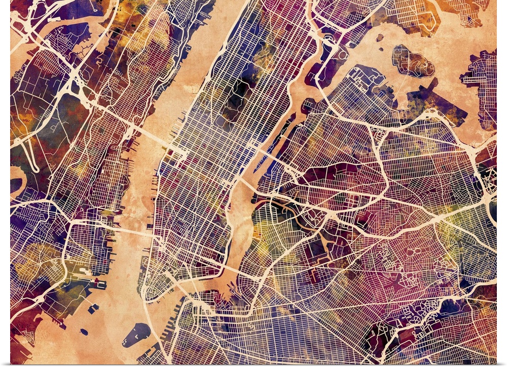 Contemporary watercolor city street map of New York.