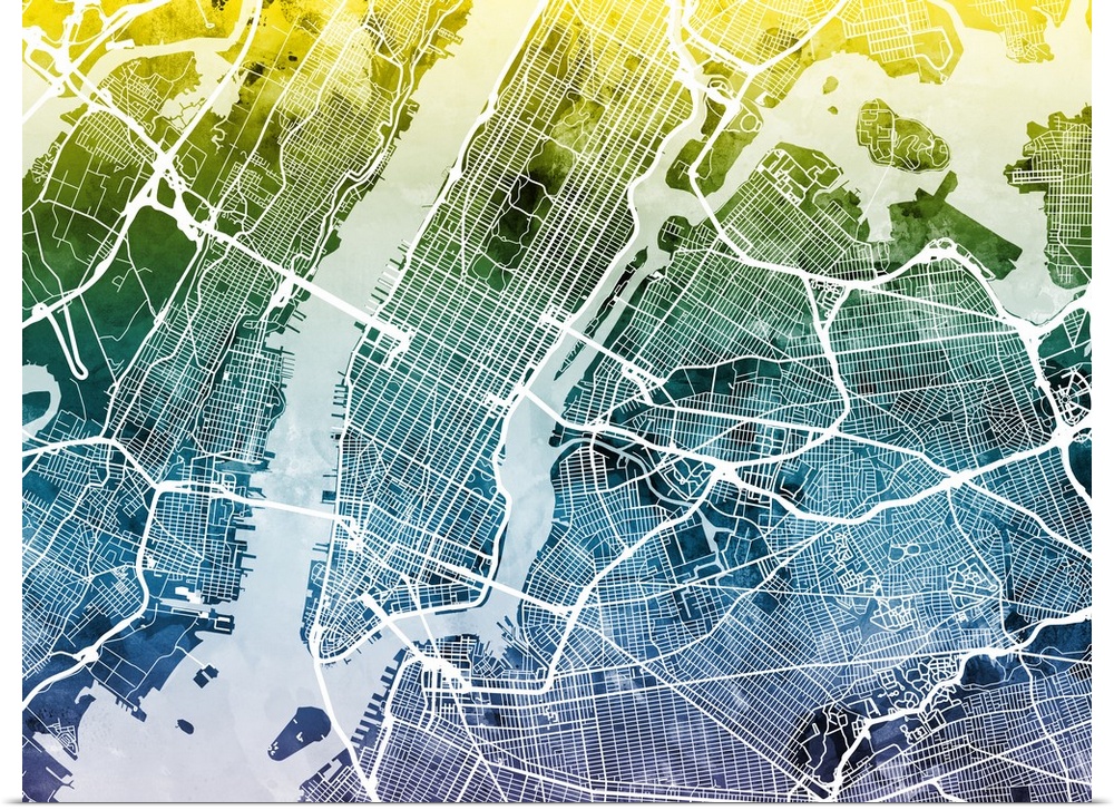 Contemporary watercolor city street map of New York City.