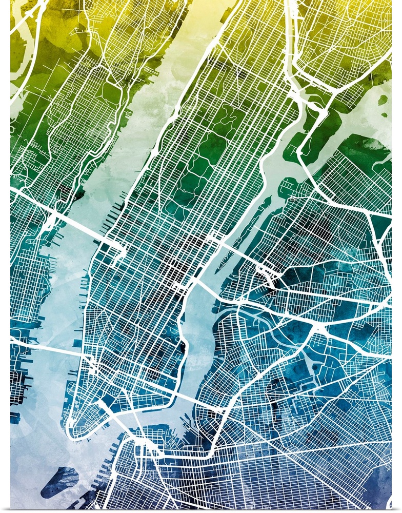 A watercolor street map of Manhattan, New York City.