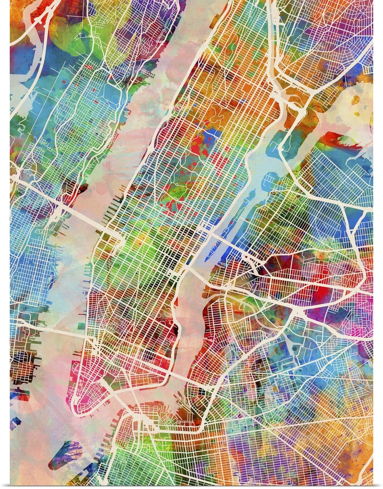A watercolor street map of Manhattan, New York City.
