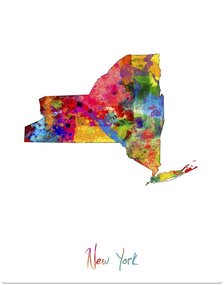 Contemporary artwork of a map of New York made of colorful paint splashes.
