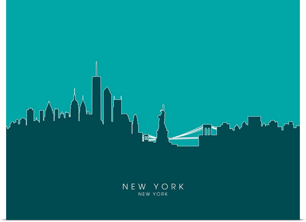 Contemporary artwork of the New York City skyline silhouetted in teal.