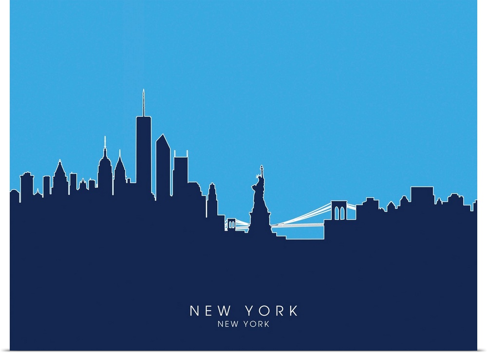Contemporary artwork of the New York City skyline silhouetted in blue.