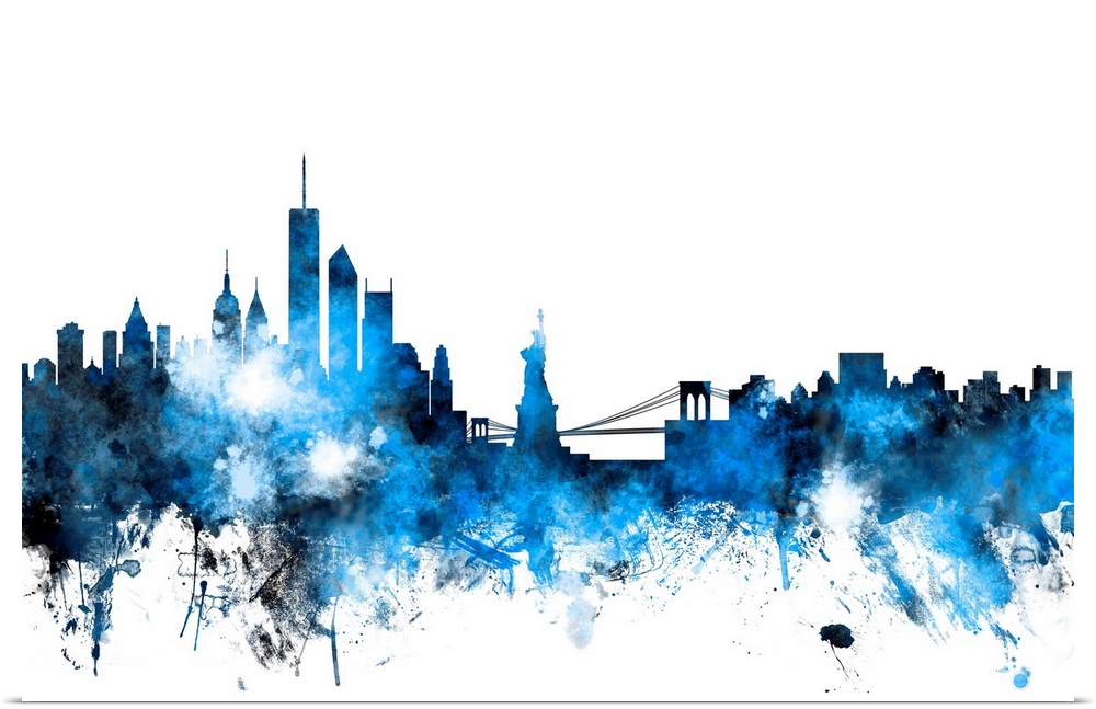 Contemporary piece of artwork of the New York City skyline made of colorful paint splashes.