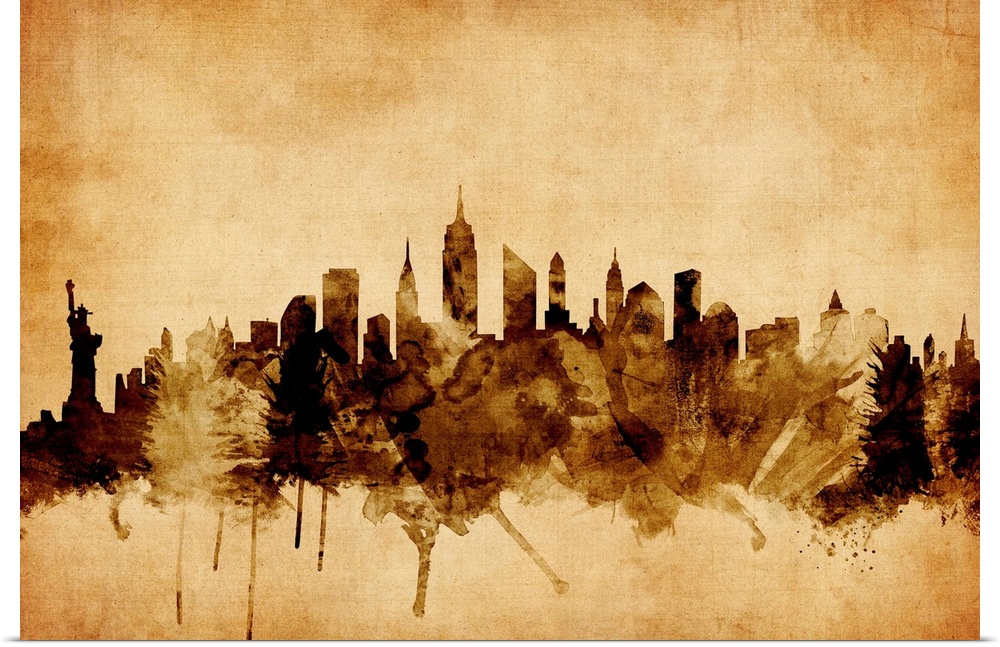 Contemporary artwork of the New York city skyline in a vintage distressed look.