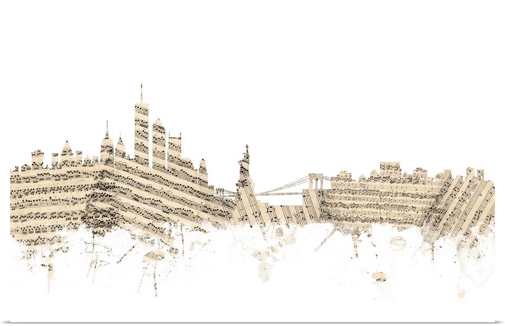 New York skyline made of sheet music against a white background.