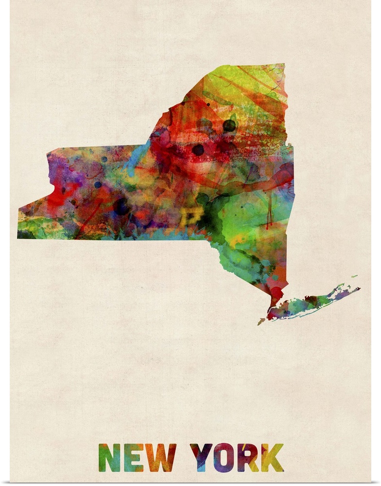 Contemporary piece of artwork of a map of New York made up of watercolor splashes.