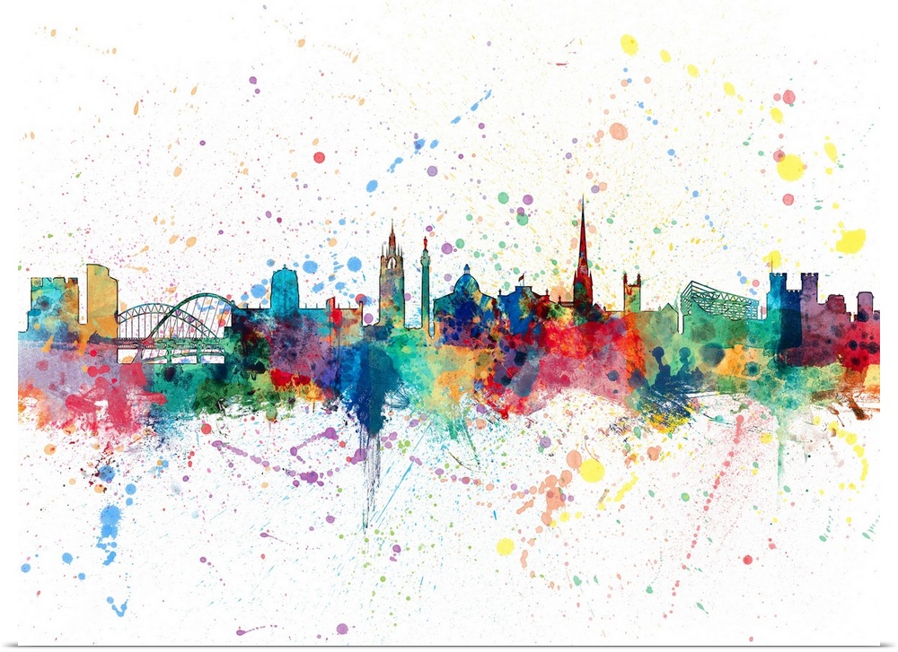 Watercolor art print of the skyline of Newcastle, England, United Kingdom.