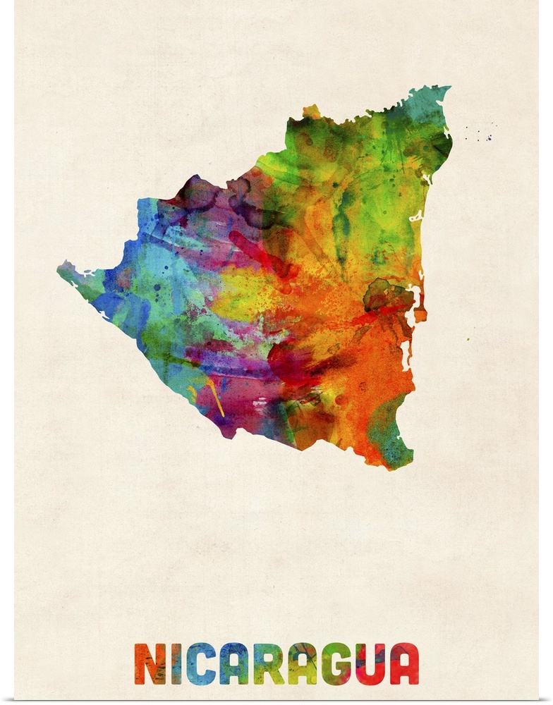 Watercolor art map of the country Nicaragua against a weathered beige background.
